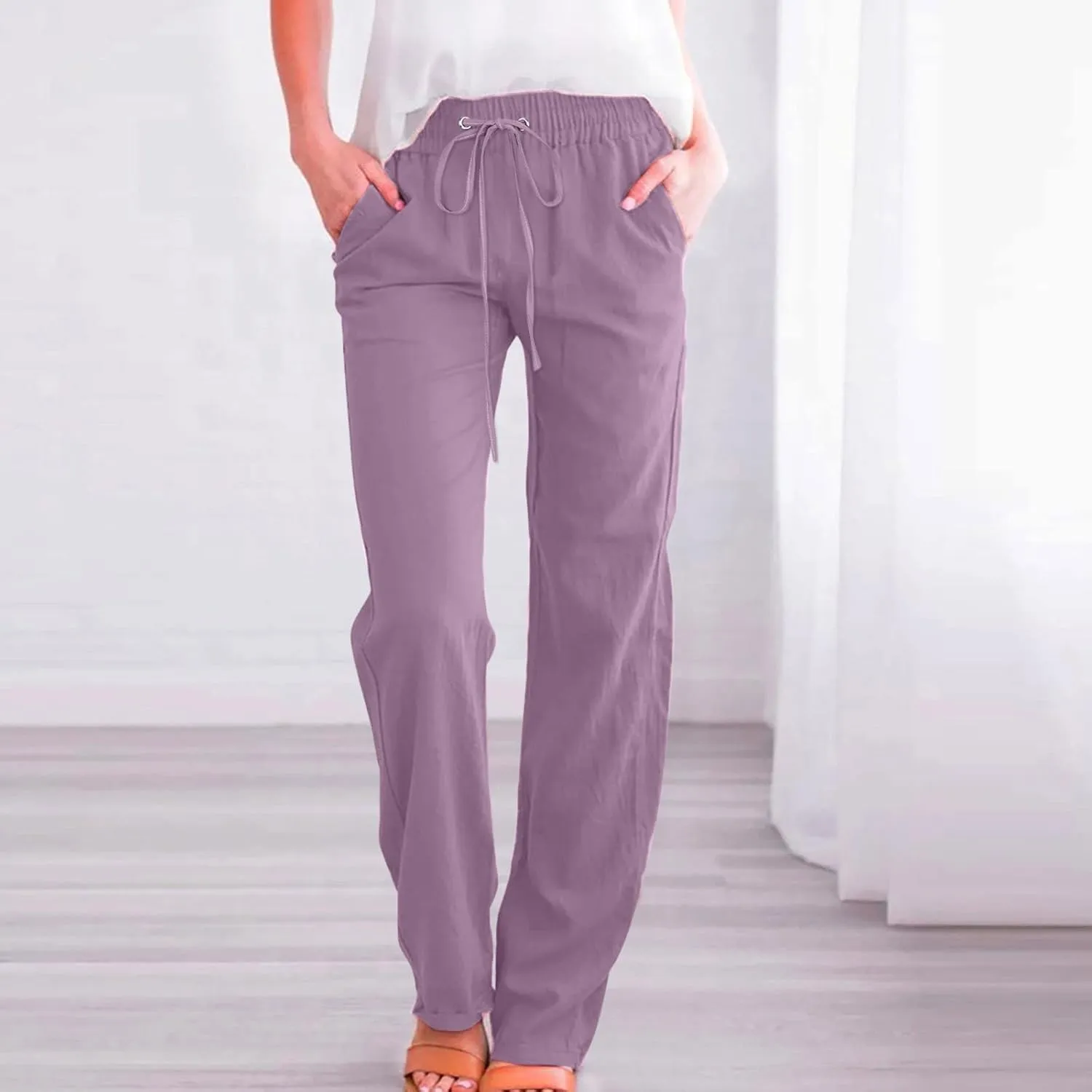 Linen Pants Women Casual High Waist Linen Pants Drawstring Loose Fit Summer Pants Trousers with Side Pockets