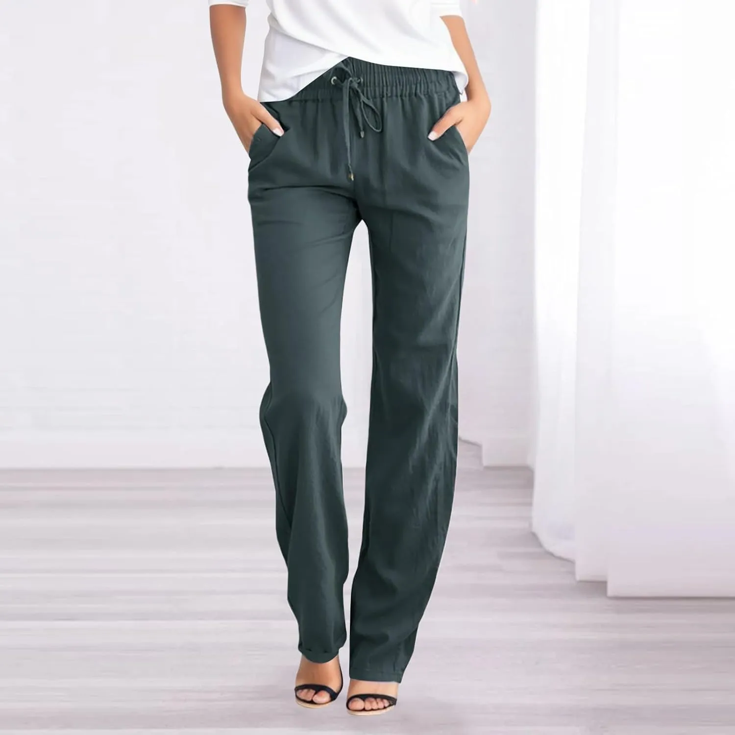 Linen Pants Women Casual High Waist Linen Pants Drawstring Loose Fit Summer Pants Trousers with Side Pockets
