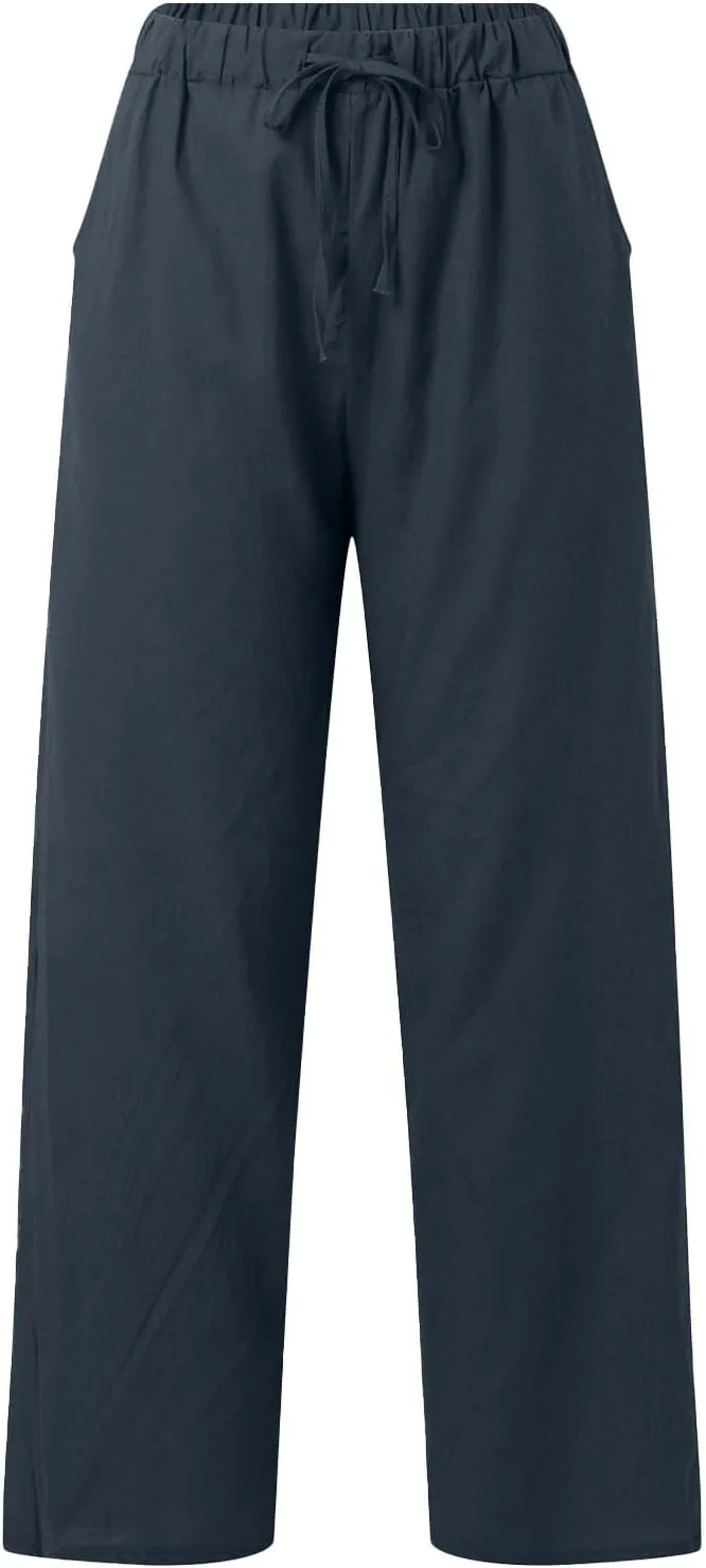 Linen Pants Women High Waist Wide Leg Pants Cotton Linen Lounge Summer Trousers Casual Palazzo Pants Beach Outfits for Women