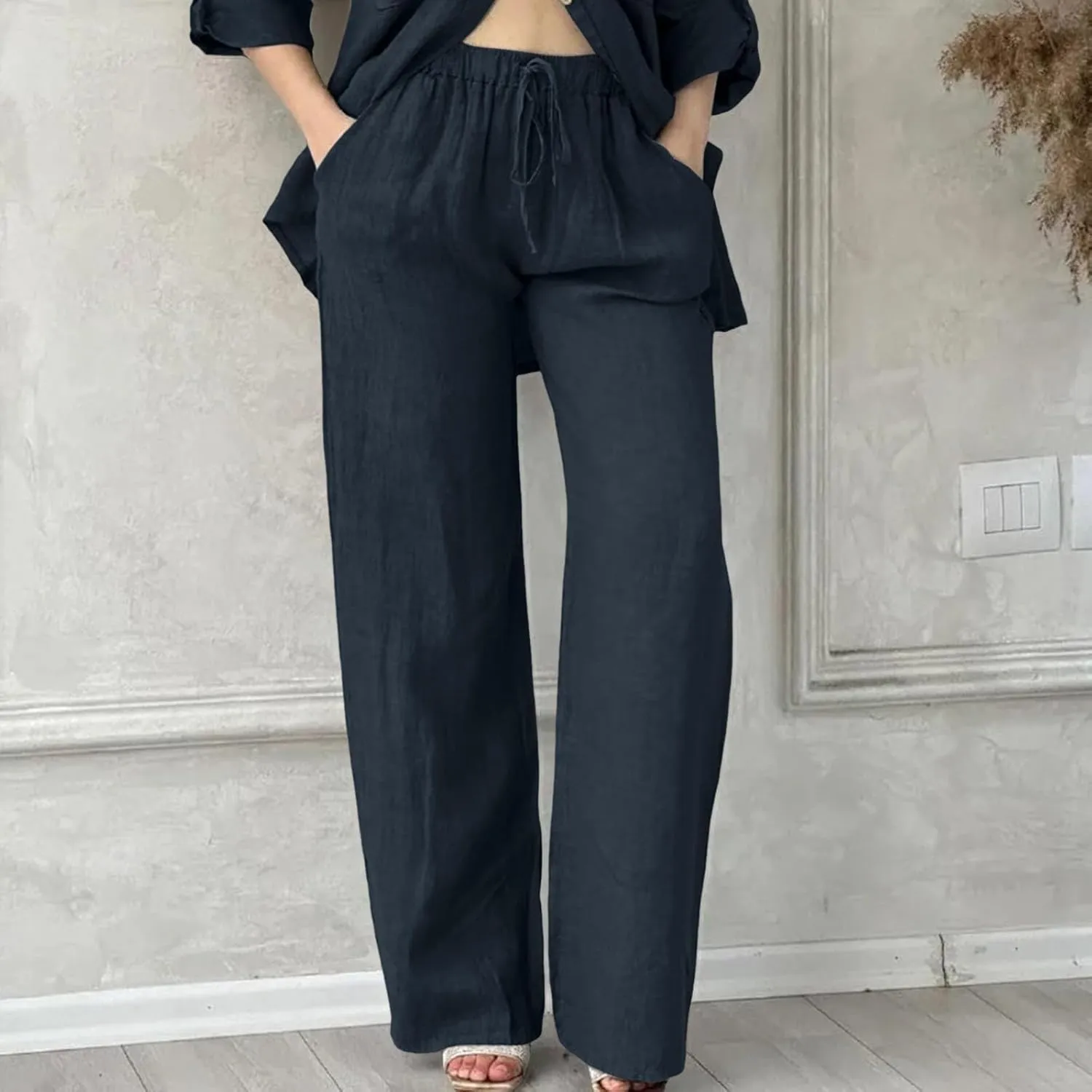 Linen Pants Women High Waist Wide Leg Pants Cotton Linen Lounge Summer Trousers Casual Palazzo Pants Beach Outfits for Women
