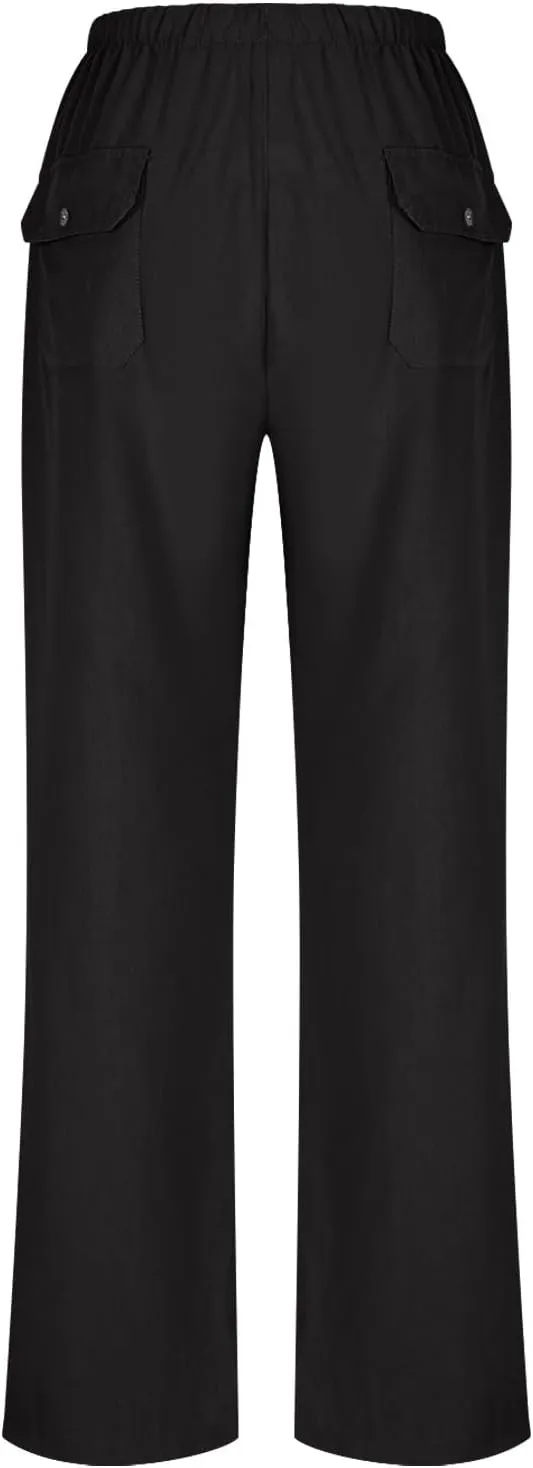 Linen Pants Women Summer Wide Leg High Waisted Casual Pant Drawstring Elastic Waist Palazzo Beach Trousers with Pockets