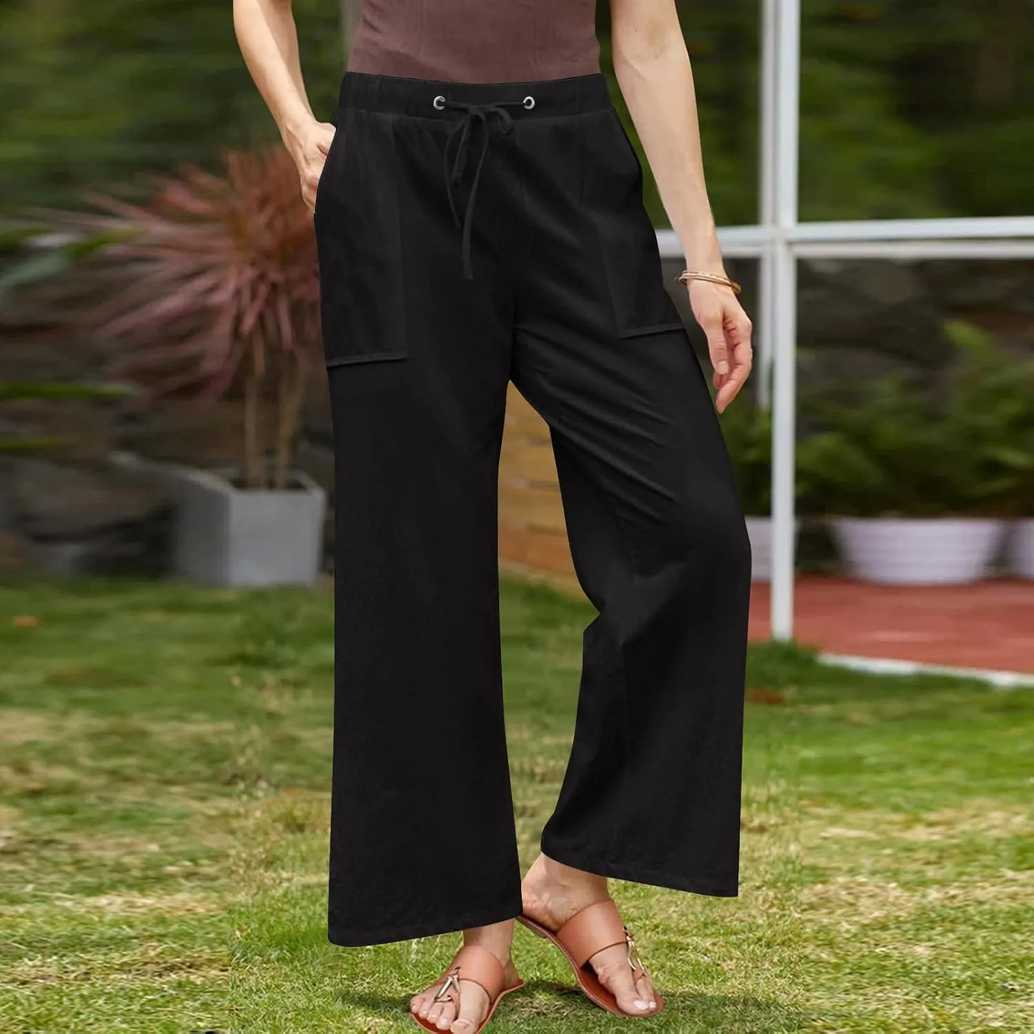 Linen Pants Women Summer Wide Leg High Waisted Casual Pant Drawstring Elastic Waist Palazzo Beach Trousers with Pockets