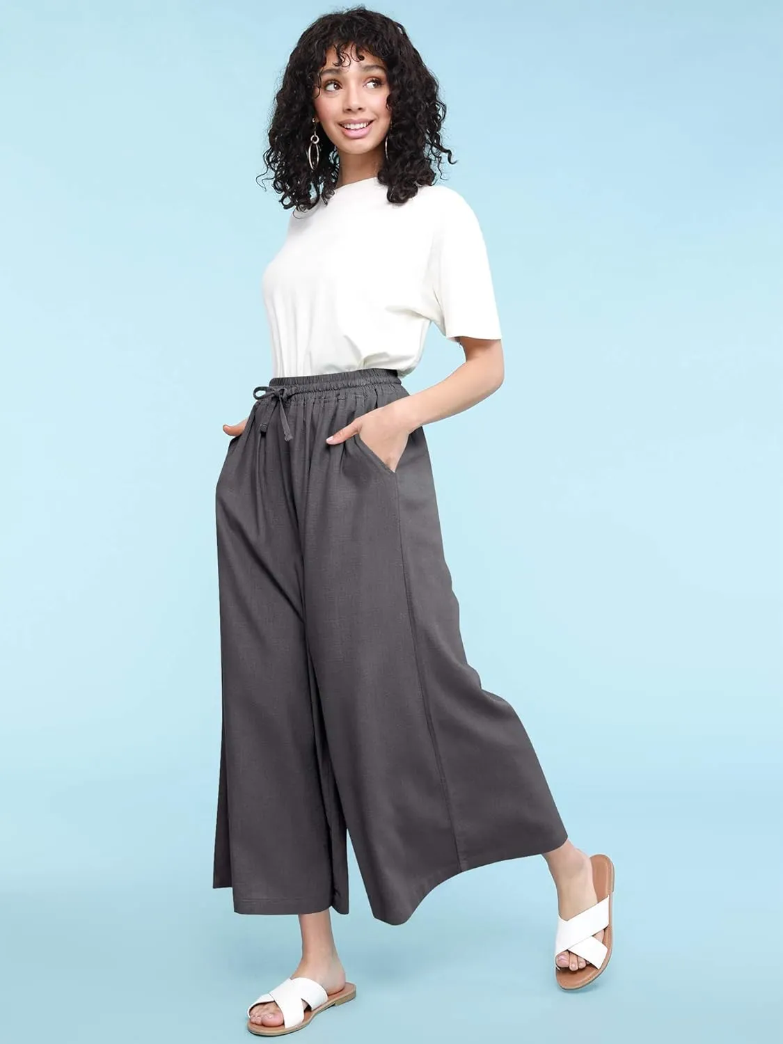 Lock and Love Women's Washed Linen Casual Loose Wide Leg Pants Pocket Pant with Draw String
