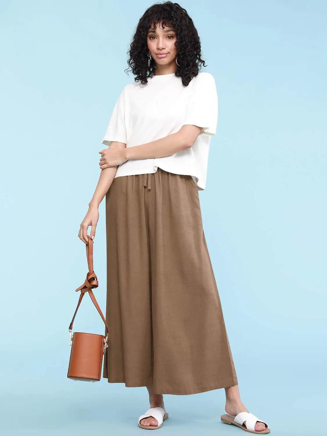 Lock and Love Women's Washed Linen Casual Loose Wide Leg Pants Pocket Pant with Draw String
