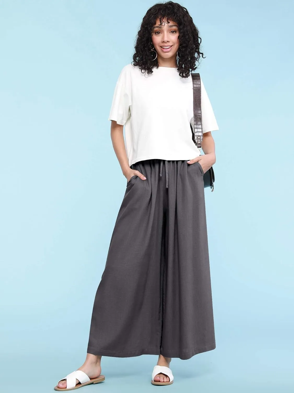 Lock and Love Women's Washed Linen Casual Loose Wide Leg Pants Pocket Pant with Draw String