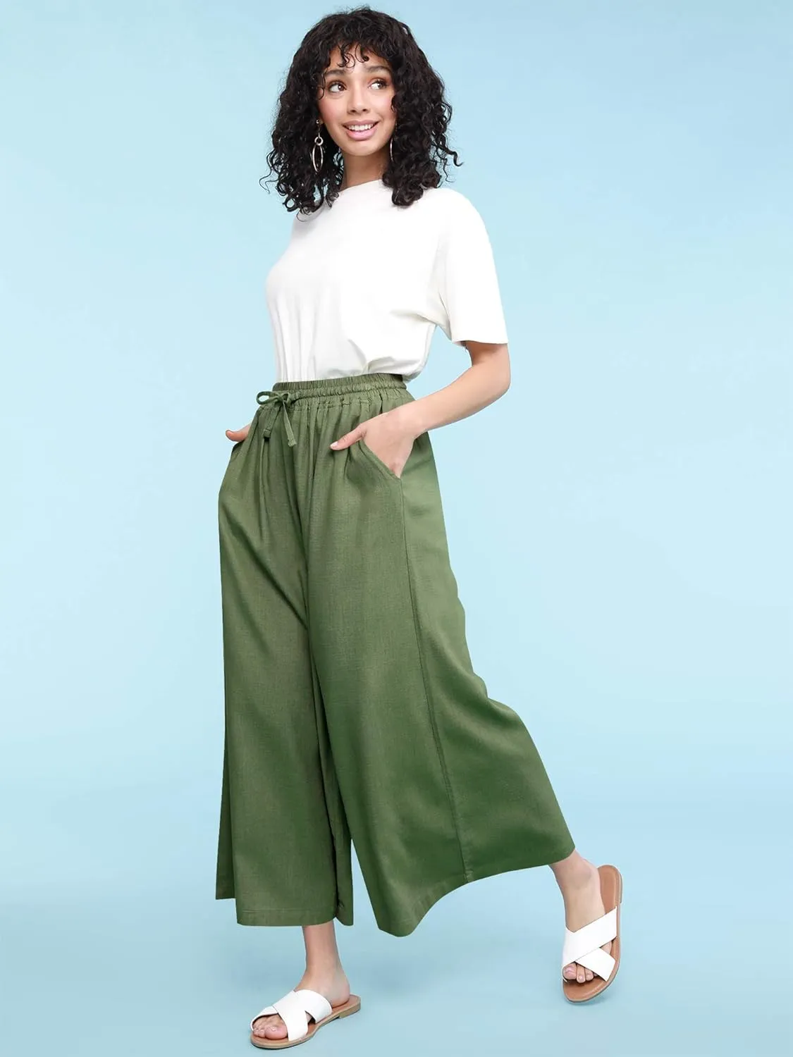 Lock and Love Women's Washed Linen Casual Loose Wide Leg Pants Pocket Pant with Draw String