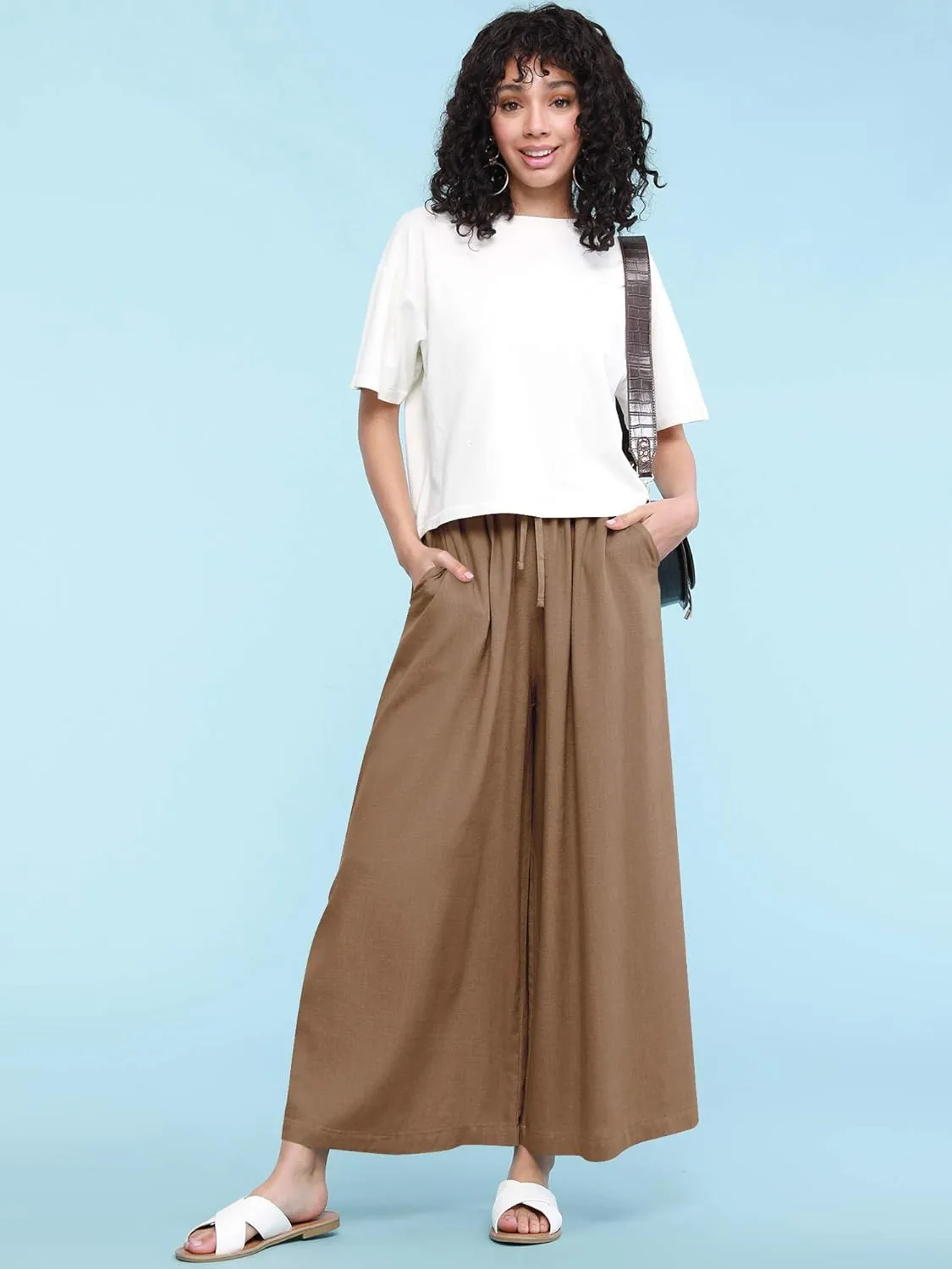 Lock and Love Women's Washed Linen Casual Loose Wide Leg Pants Pocket Pant with Draw String