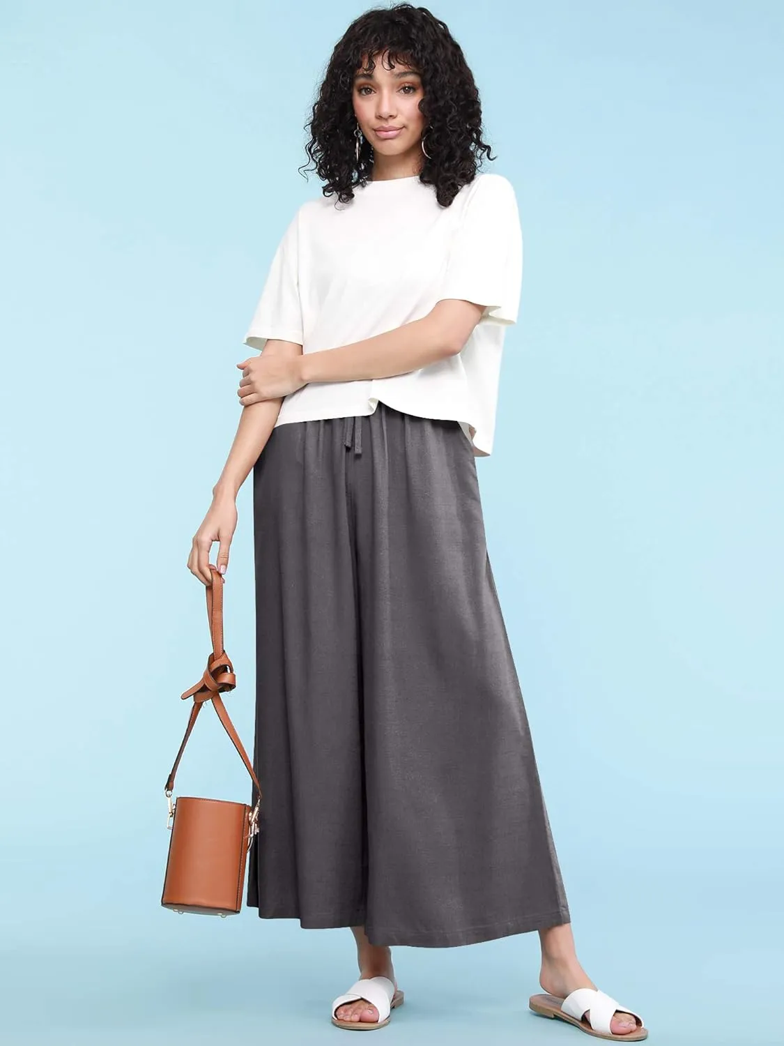 Lock and Love Women's Washed Linen Casual Loose Wide Leg Pants Pocket Pant with Draw String