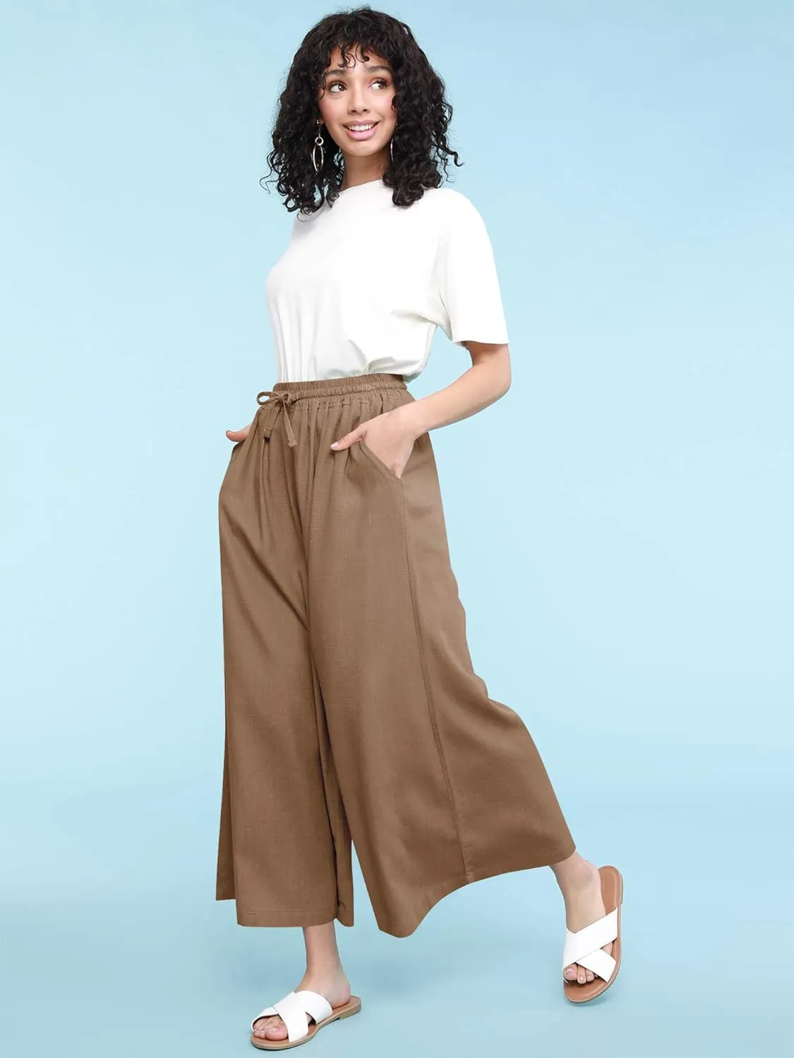 Lock and Love Women's Washed Linen Casual Loose Wide Leg Pants Pocket Pant with Draw String