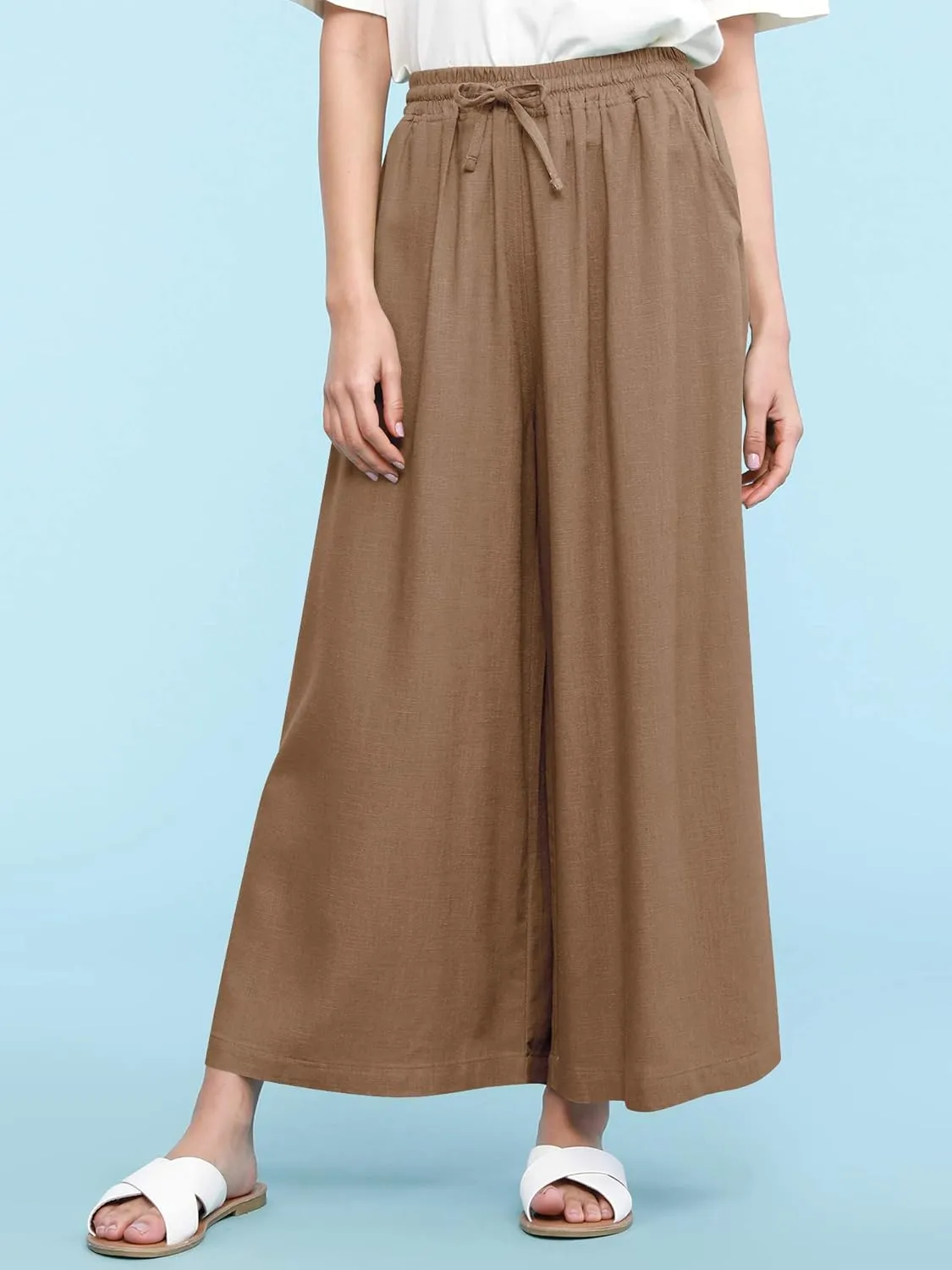Lock and Love Women's Washed Linen Casual Loose Wide Leg Pants Pocket Pant with Draw String
