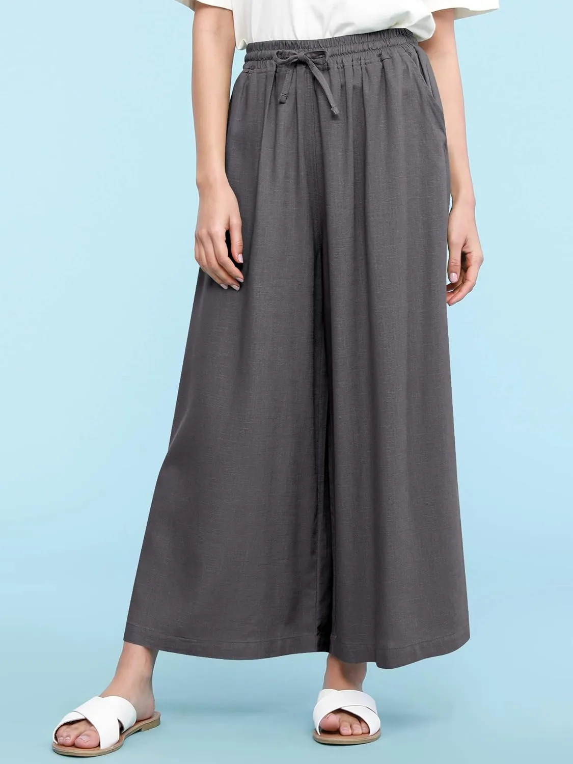 Lock and Love Women's Washed Linen Casual Loose Wide Leg Pants Pocket Pant with Draw String