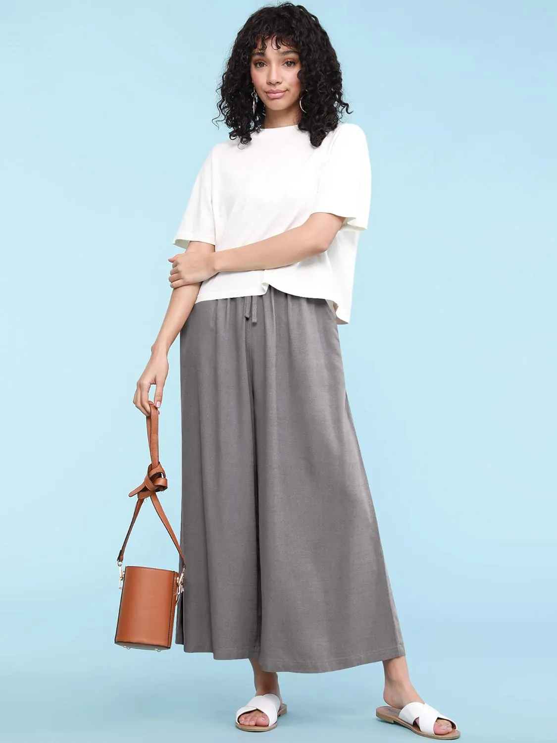Lock and Love Women's Washed Linen Casual Loose Wide Leg Pants Pocket Pant with Draw String