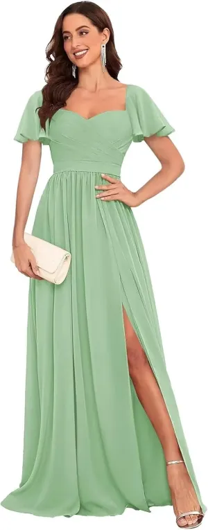 Long Chiffon Bridesmaid Dresses with Sleeves Elegant Sweetheart Formal Evening Gown for Women