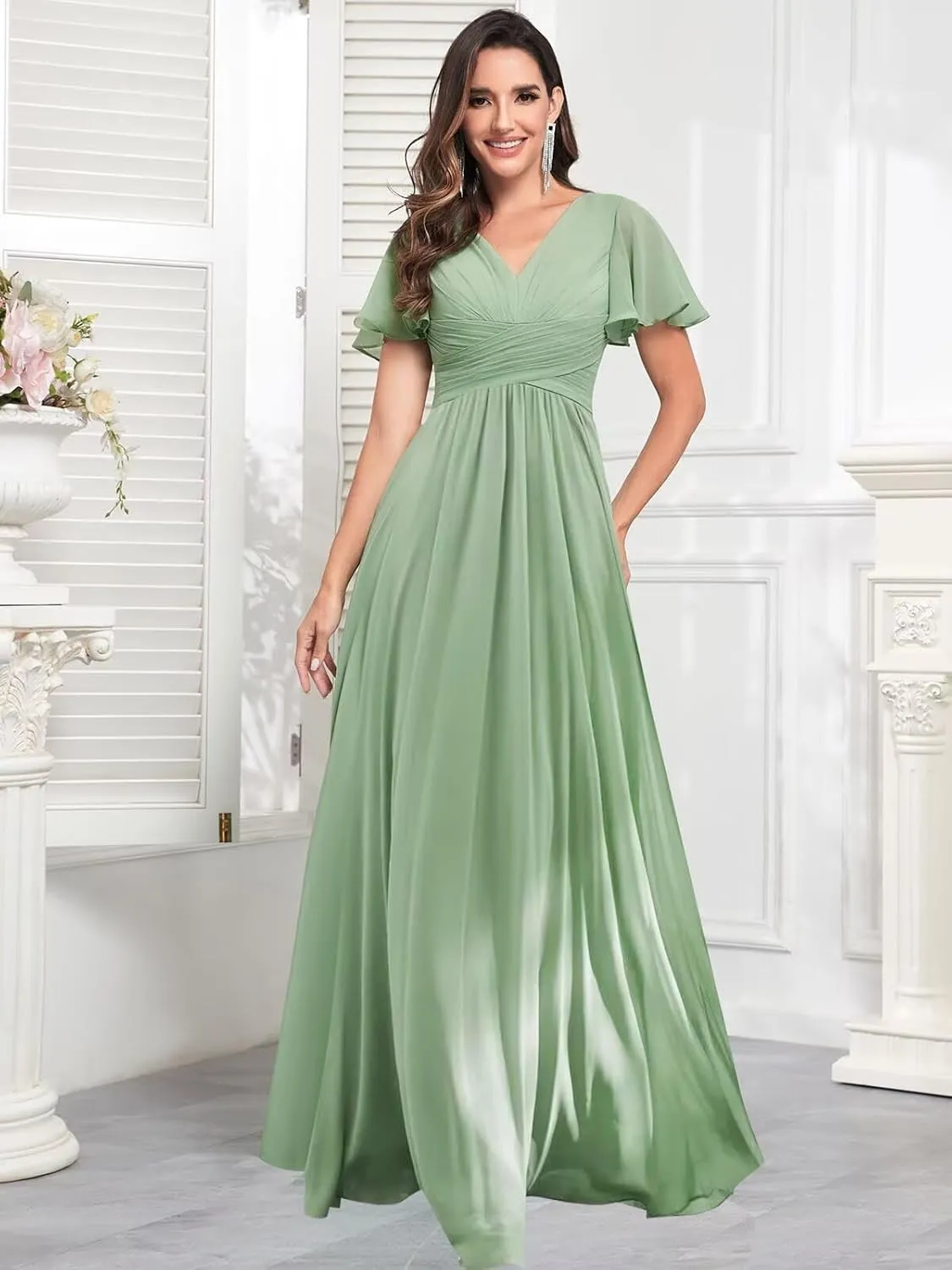 Long Chiffon Bridesmaid Dresses with Sleeves Elegant V Neck Pleated Formal Evening Gown for Women