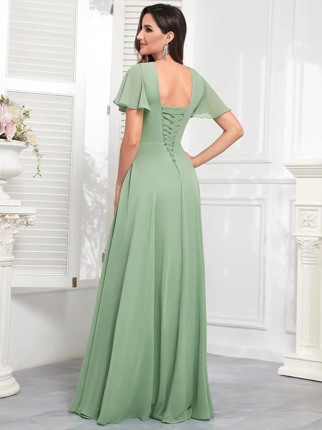 Long Chiffon Bridesmaid Dresses with Sleeves Elegant V Neck Pleated Formal Evening Gown for Women