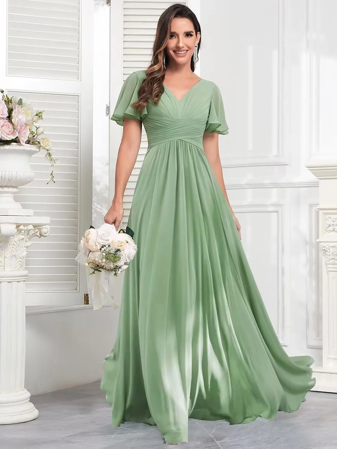 Long Chiffon Bridesmaid Dresses with Sleeves Elegant V Neck Pleated Formal Evening Gown for Women