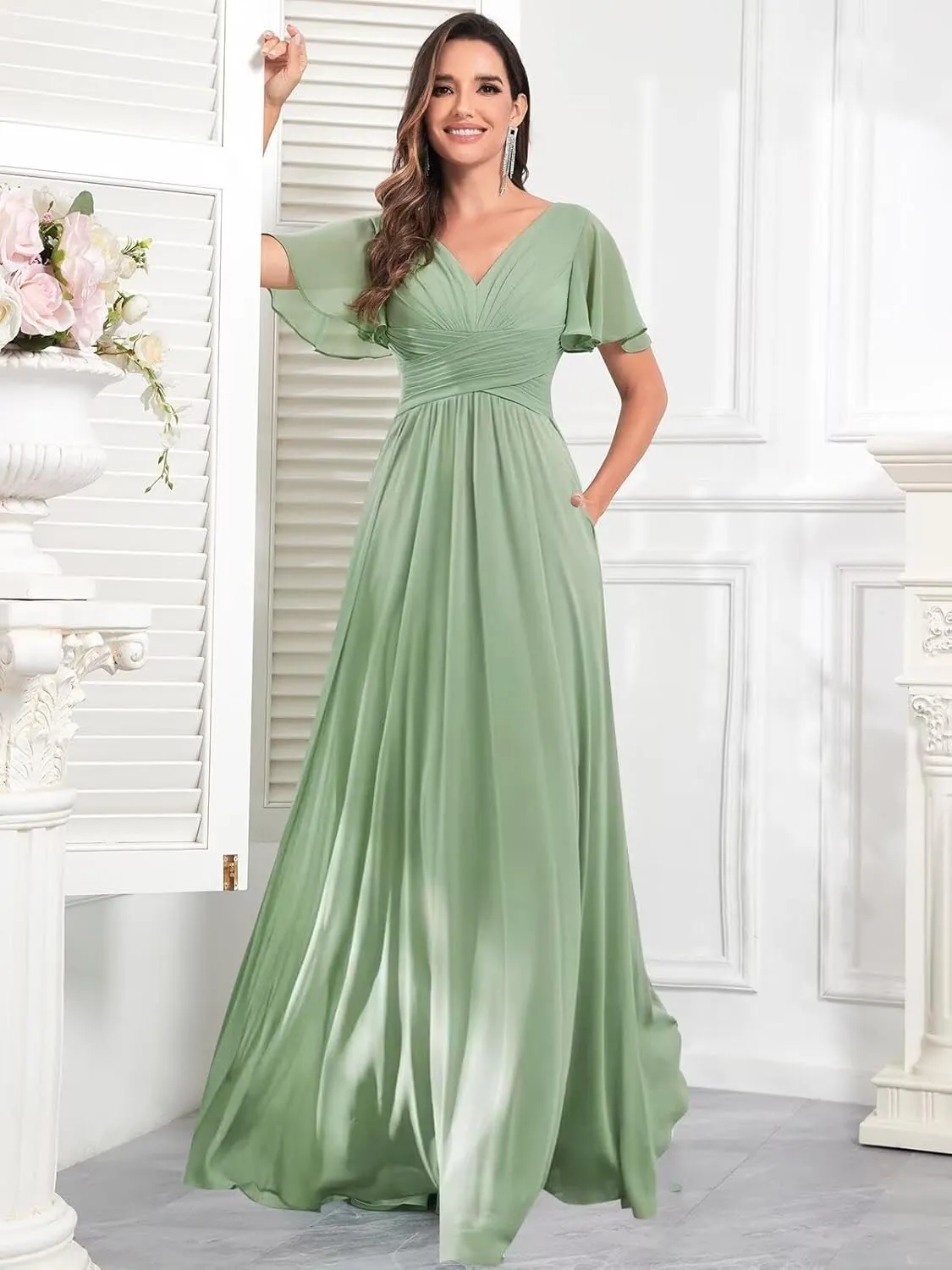 Long Chiffon Bridesmaid Dresses with Sleeves Elegant V Neck Pleated Formal Evening Gown for Women