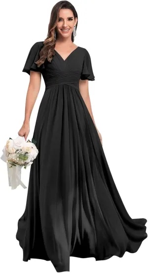 Long Chiffon Bridesmaid Dresses with Sleeves Elegant V Neck Pleated Formal Evening Gown for Women