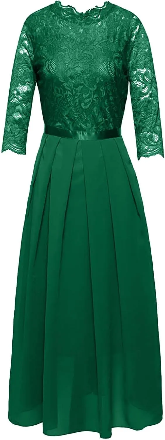 Long Dresses for Women Formal Gowns Chiffon Printed Round Neck Long Sleeves A-Line Evening Maxi Dresses Wedding Costume