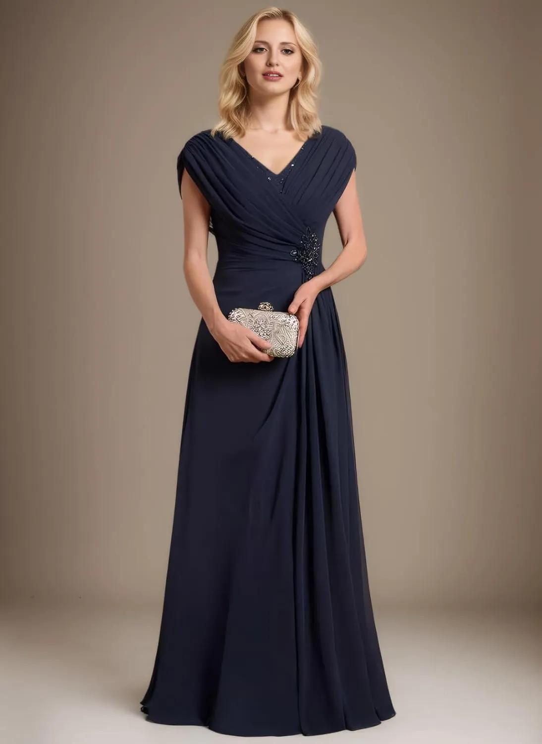 Long Mother of The Bride Dresses for Women Modest Ruched Formal Evening Gown Sequin V Neck Wedding Guest Dress
