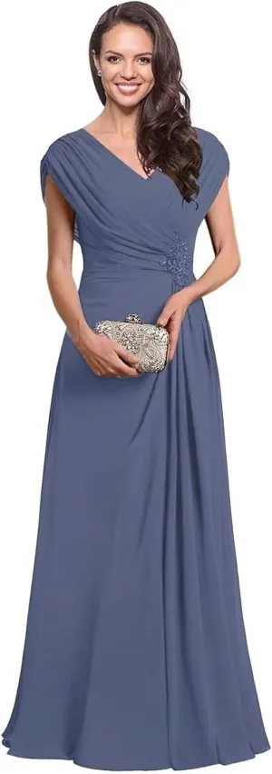 Long Mother of The Bride Dresses for Women Modest Ruched Formal Evening Gown Sequin V Neck Wedding Guest Dress
