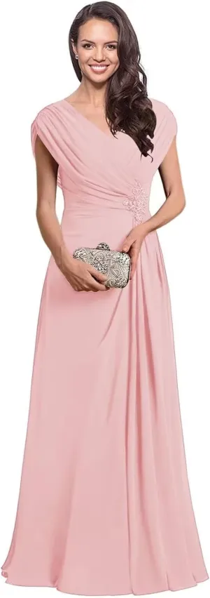 Long Mother of The Bride Dresses for Women Modest Ruched Formal Evening Gown Sequin V Neck Wedding Guest Dress