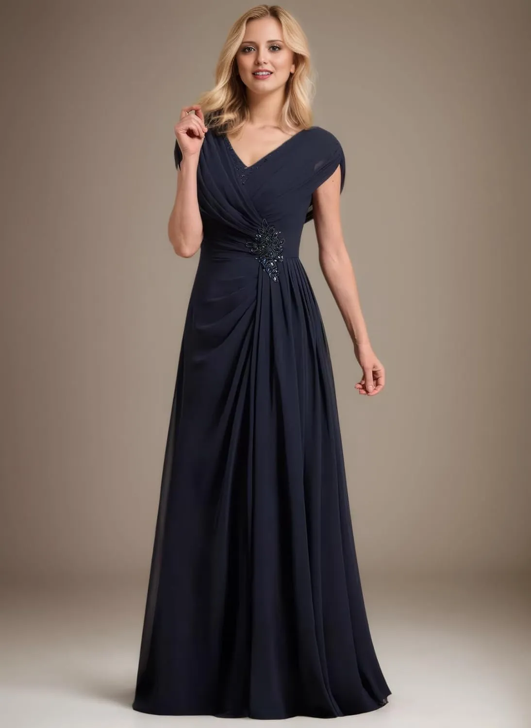 Long Mother of The Bride Dresses for Women Modest Ruched Formal Evening Gown Sequin V Neck Wedding Guest Dress