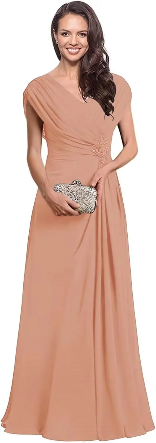 Long Mother of The Bride Dresses for Women Modest Ruched Formal Evening Gown Sequin V Neck Wedding Guest Dress