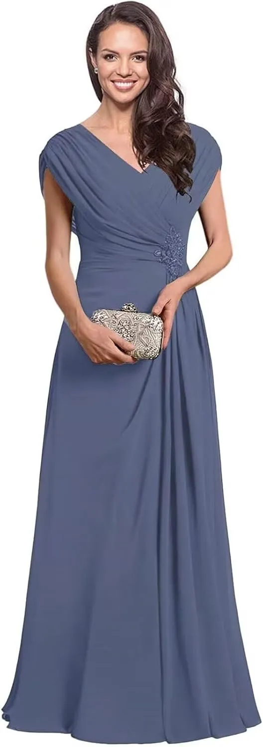 Long Mother of The Bride Dresses for Women Modest Ruched Formal Evening Gown Sequin V Neck Wedding Guest Dress