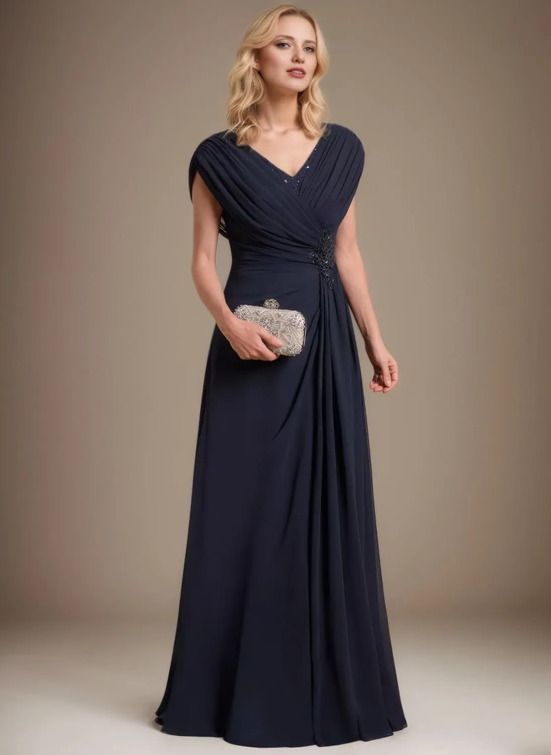 Long Mother of The Bride Dresses for Women Modest Ruched Formal Evening Gown Sequin V Neck Wedding Guest Dress