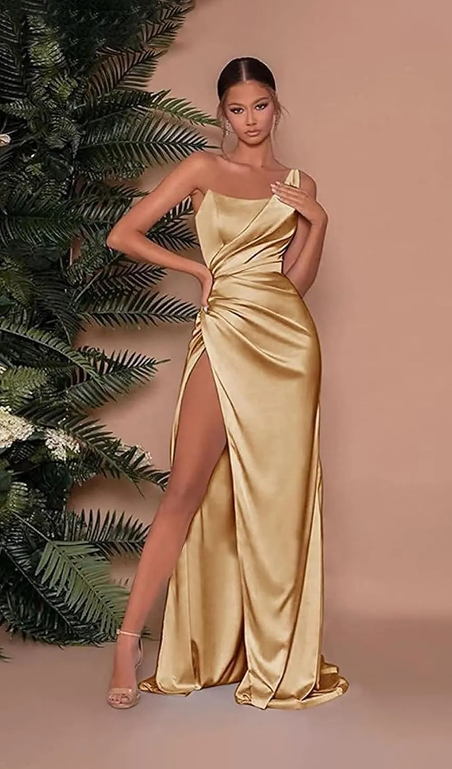 Long Prom Dress with Slit One Shoulder Mermaid Bridesmaid Dresses for Women Formal Evening Gown