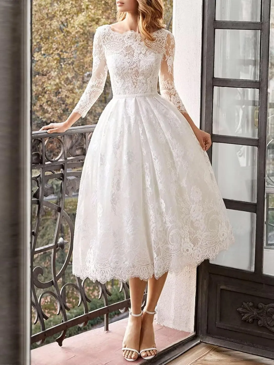 Long Sleeve Short Wedding Dresses for Bride Tulle Lace Wedding Dress for Women Boho Engagement Bridal Shower Dress