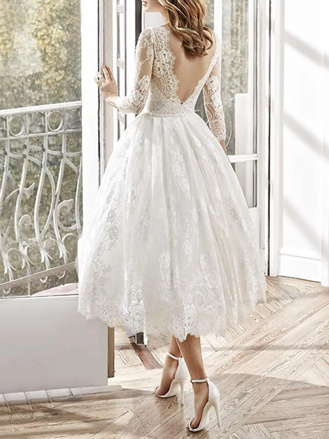 Long Sleeve Short Wedding Dresses for Bride Tulle Lace Wedding Dress for Women Boho Engagement Bridal Shower Dress