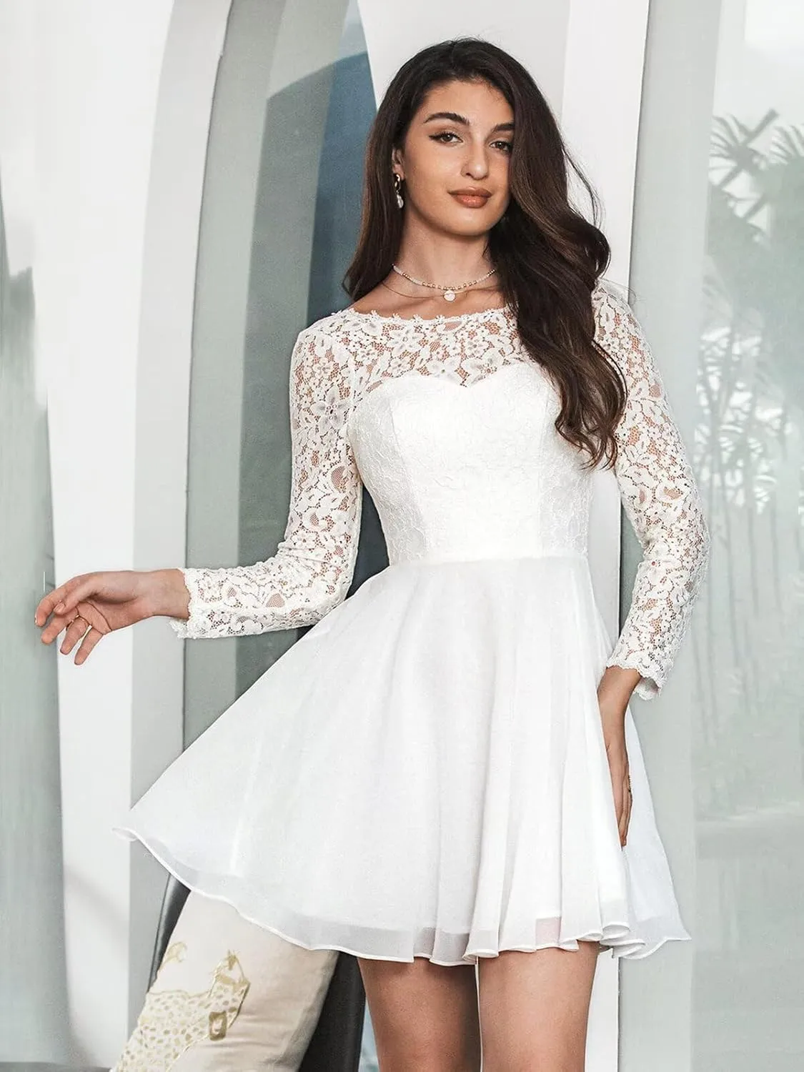 Long Sleeve Short Wedding Dresses for Bride Tulle Lace Wedding Dress for Women Boho Engagement Bridal Shower Dress