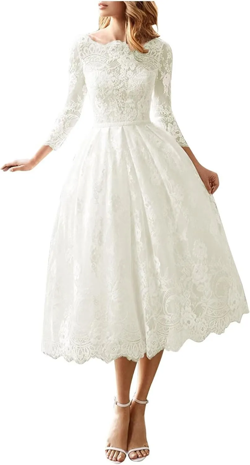 Long Sleeve Short Wedding Dresses for Bride Tulle Lace Wedding Dress for Women Boho Engagement Bridal Shower Dress