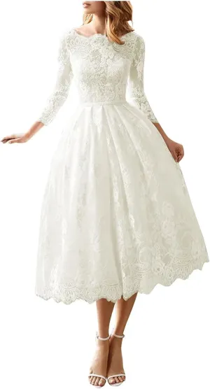 Long Sleeve Short Wedding Dresses for Bride Tulle Lace Wedding Dress for Women Boho Engagement Bridal Shower Dress