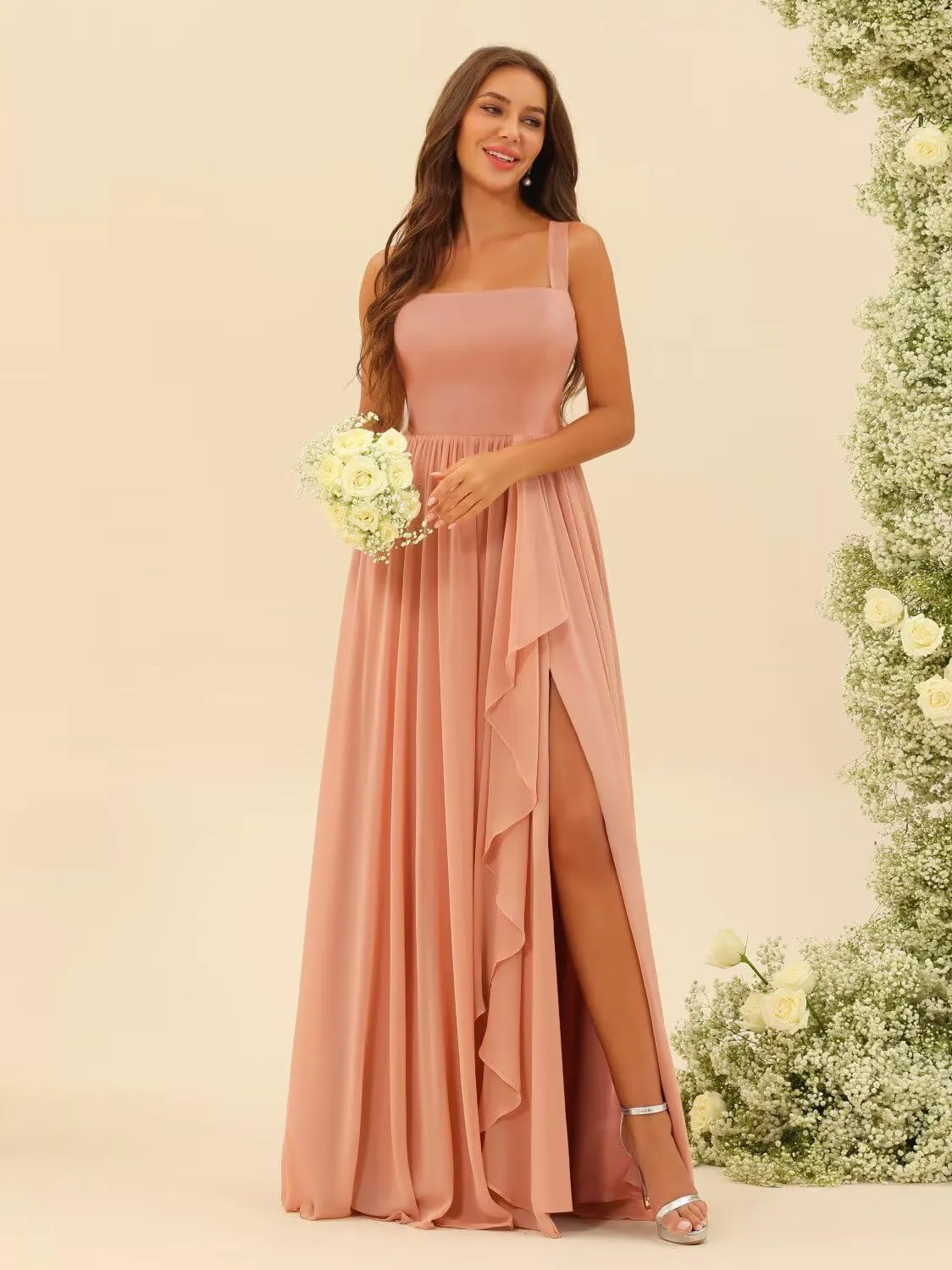 Loyeloy Women's Square Neck Bridesmaid Dresses with Slit 2025 Ruched Waist Chiffon Formal Evening Gowns