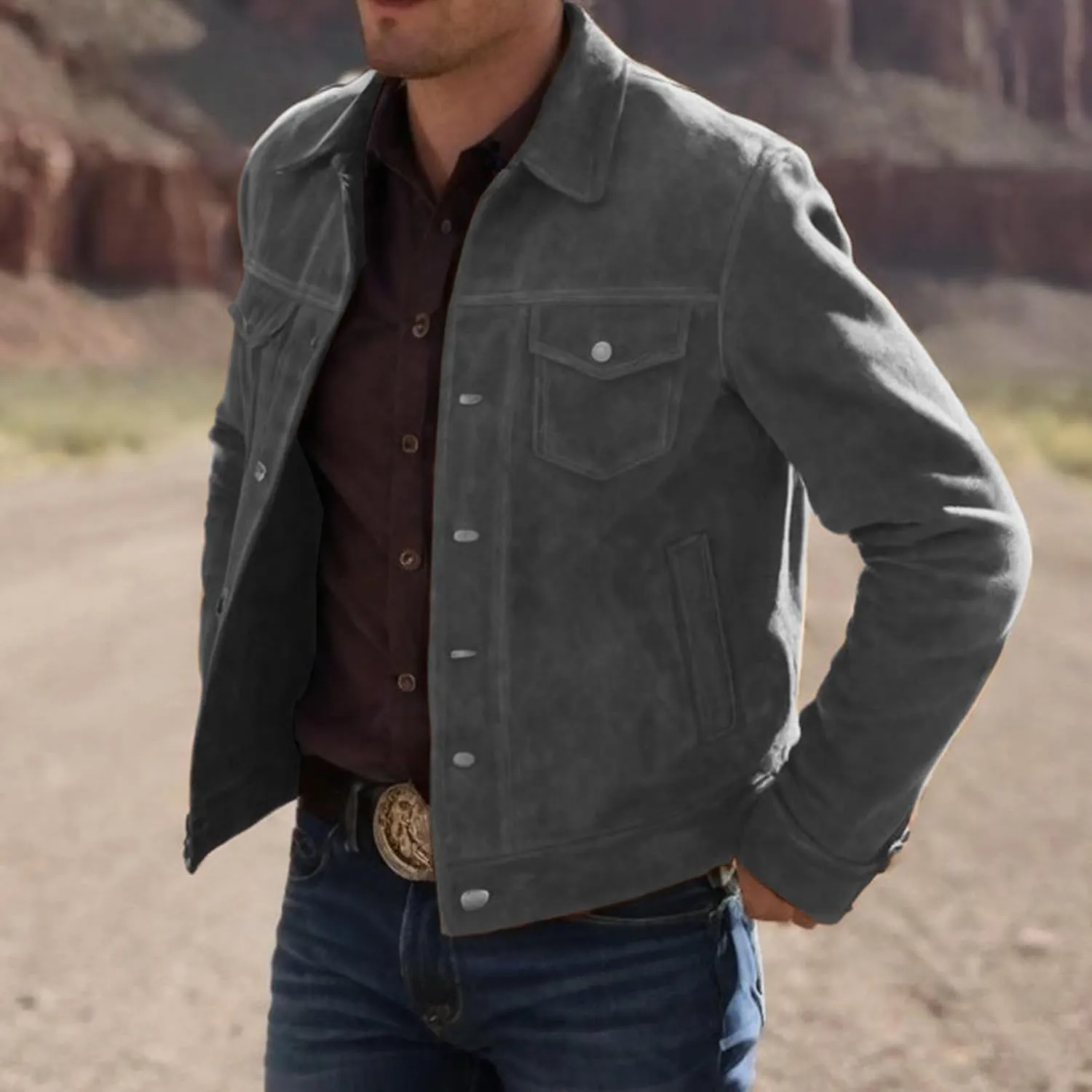 LP-FACON Mens Trucker Suede Leather Jacket - Western Style Cowboy Leather Jacket Brown/Black