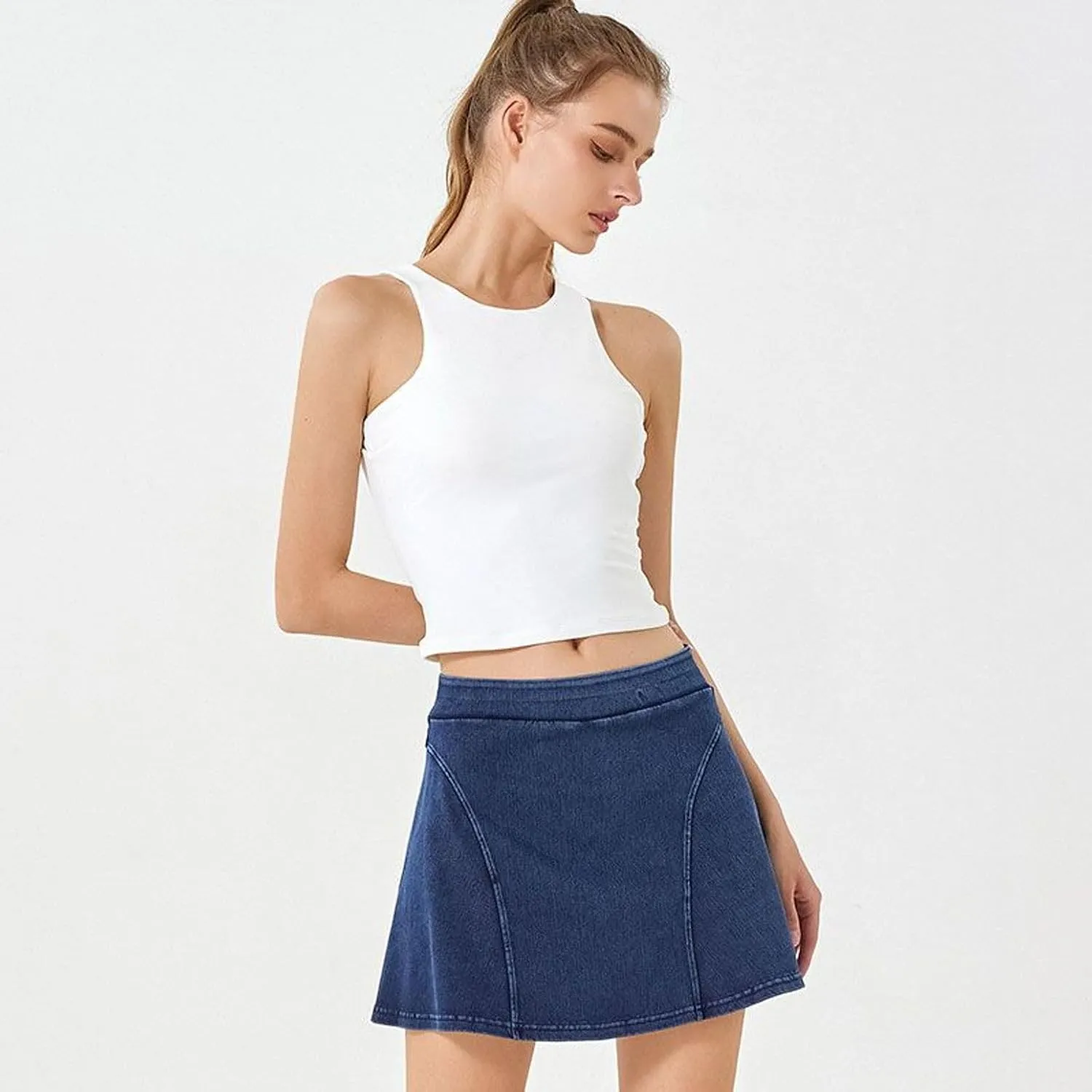 Lu's Chic Women's Stretchy Denim Skort Workout Running High Waisted Short Jean Skorts Mini Scooter Skirt w/Shorts