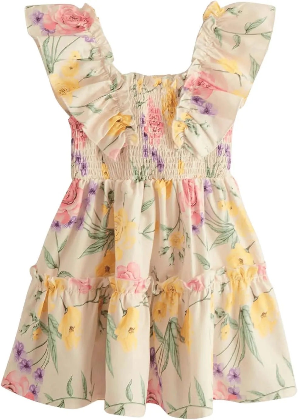 MakeMeChic Girl's Floral Print Shirred Ruffle Tiered A Line Square Neck Mini Dress