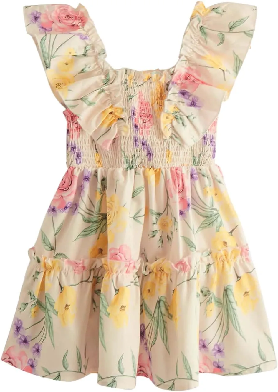 MakeMeChic Girl's Floral Print Shirred Ruffle Tiered A Line Square Neck Mini Dress