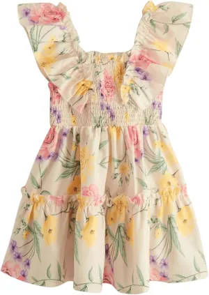 MakeMeChic Girl's Floral Print Shirred Ruffle Tiered A Line Square Neck Mini Dress