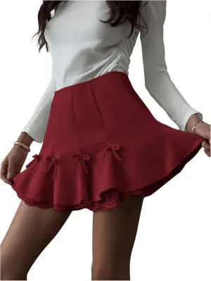 MakeMeChic Women's Bow Knot Tiered Layer Ruffle Mini Skirt Floral Lace A Line Short Skirts