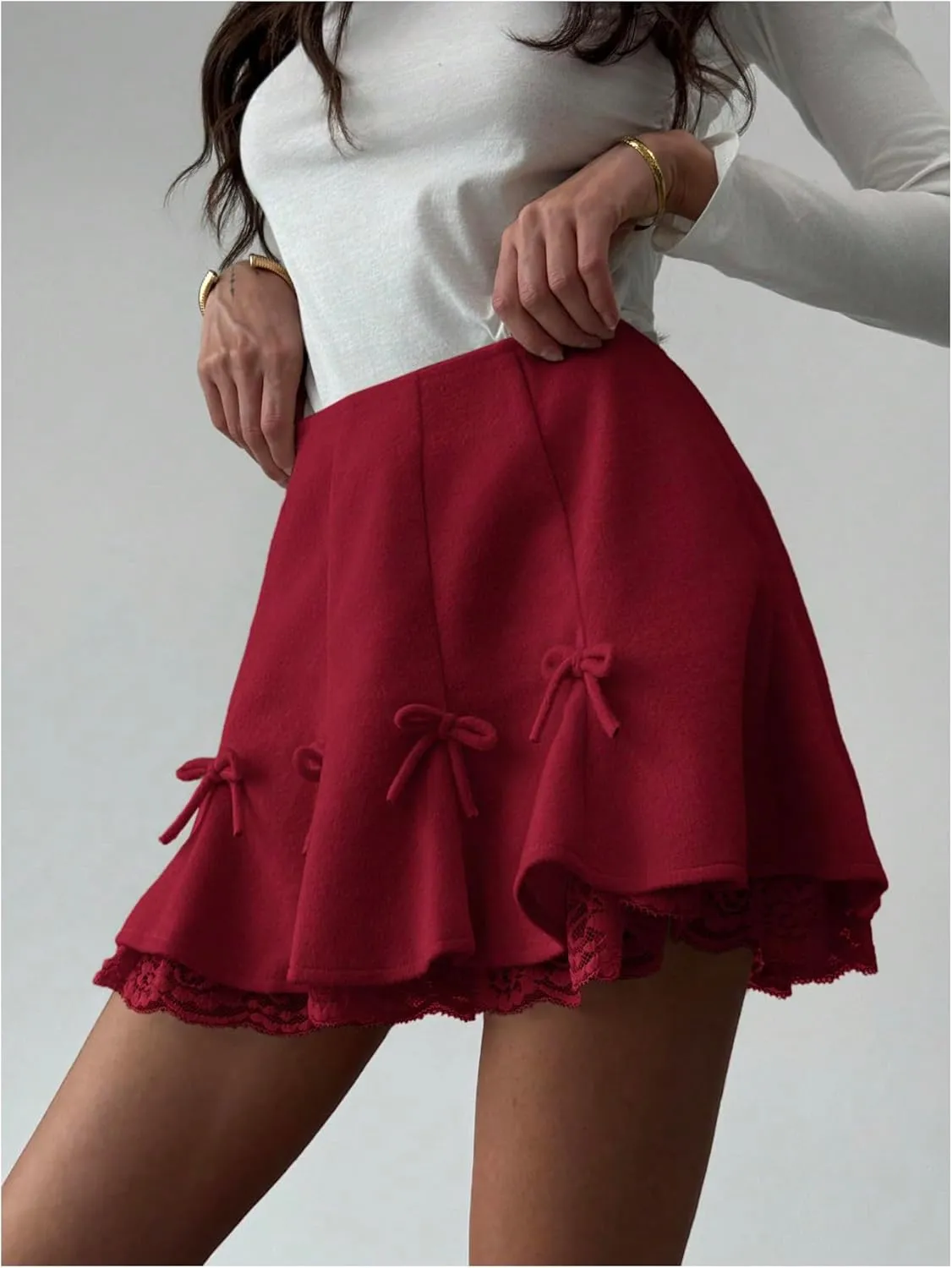 MakeMeChic Women's Bow Knot Tiered Layer Ruffle Mini Skirt Floral Lace A Line Short Skirts