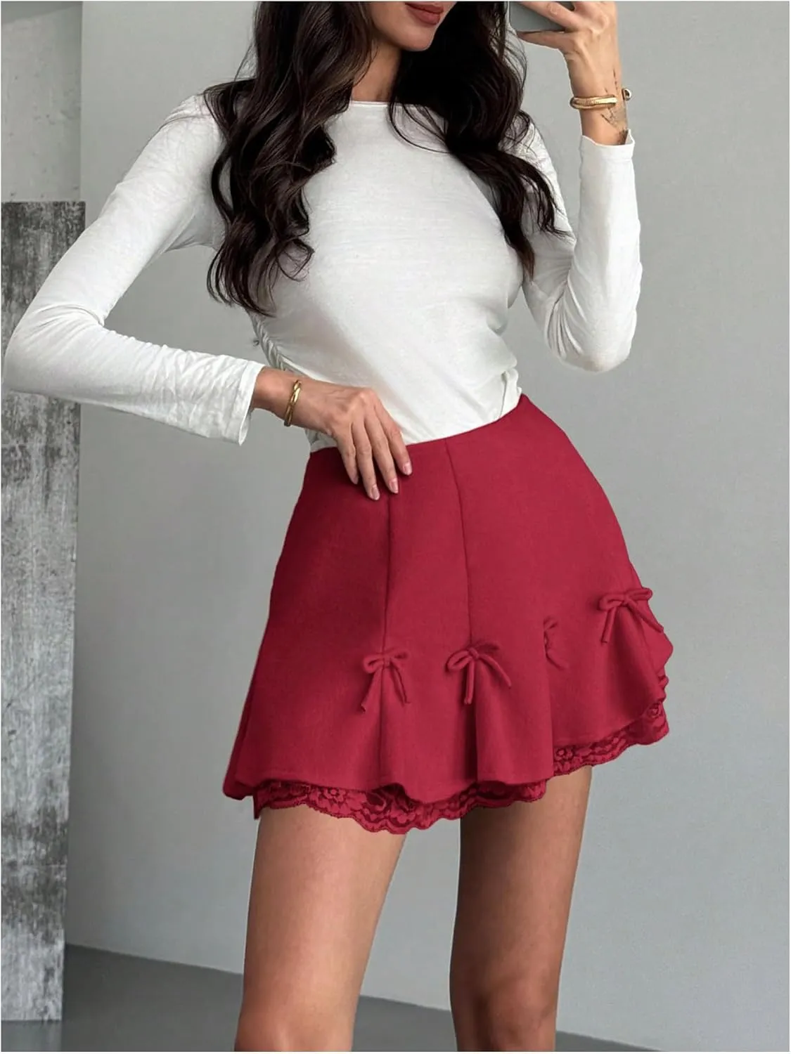 MakeMeChic Women's Bow Knot Tiered Layer Ruffle Mini Skirt Floral Lace A Line Short Skirts