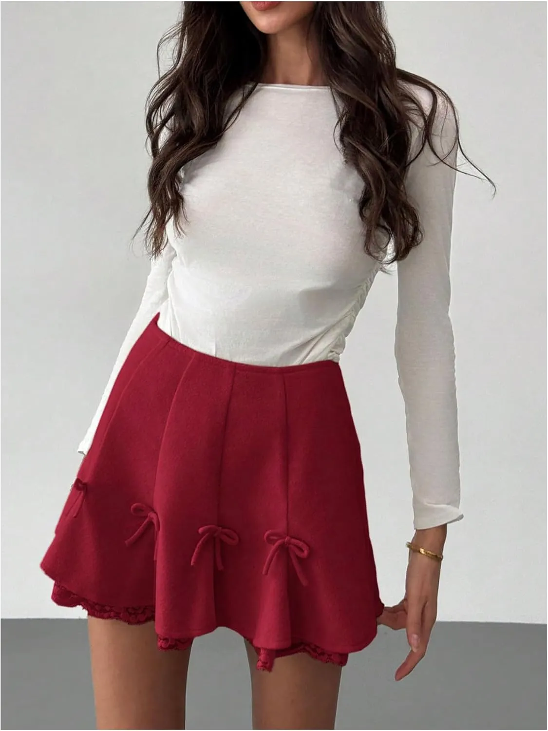 MakeMeChic Women's Bow Knot Tiered Layer Ruffle Mini Skirt Floral Lace A Line Short Skirts