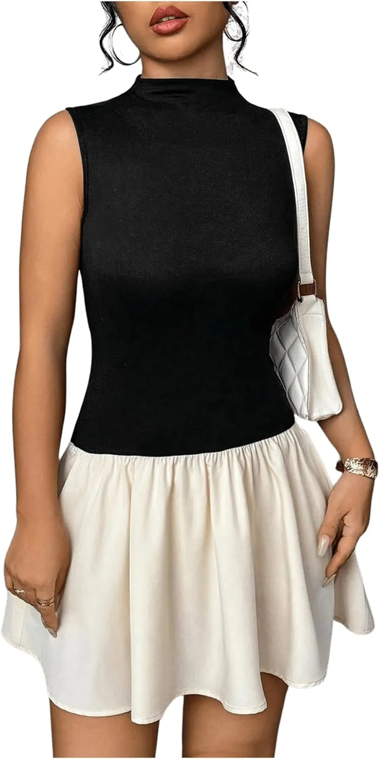 MakeMeChic Women's Color Block Mock Neck Mini Dress Sleeveless Flared Hem Ruffle Short Dresses