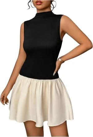MakeMeChic Women's Color Block Mock Neck Mini Dress Sleeveless Flared Hem Ruffle Short Dresses