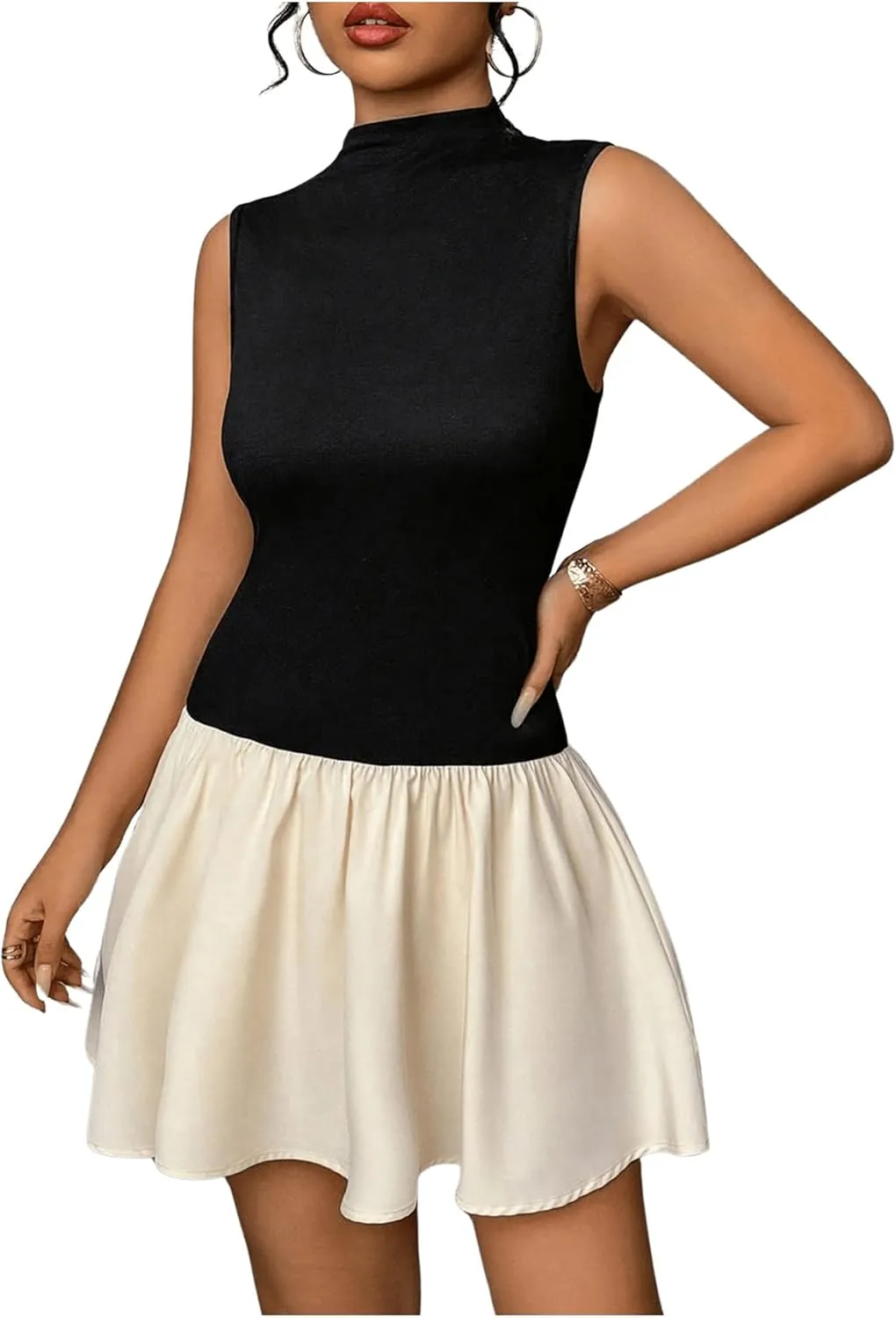 MakeMeChic Women's Color Block Mock Neck Mini Dress Sleeveless Flared Hem Ruffle Short Dresses