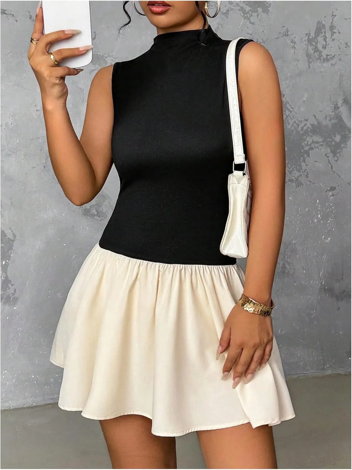 MakeMeChic Women's Color Block Mock Neck Mini Dress Sleeveless Flared Hem Ruffle Short Dresses